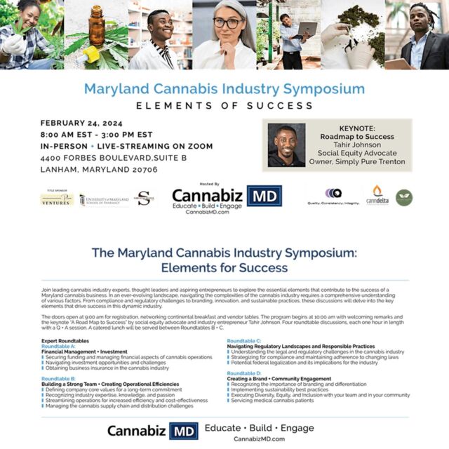 MARYLAND: @cannabiz.md's Maryland Cannab!s Industry Symposium: Elements for Success is coming up on Feb. 24! If you're joining us - or our own Dr. Paloma Lehfeldt, who will be one of the experts on the Creating a Brand + Community Engagement with Sustainability roundtable - don't forget to get your tickets (link in bio)...You must be at least 21 to view this content. For those who qualify under state law only. Regulations and product availability vary by state.