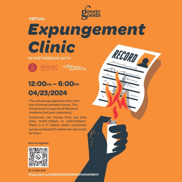We're partnering with @mdlegalaid to host a FREE virtual expungement clinic Tuesday, Apr. 23! Attendees will be able to meet virtually with a volunteer attorney who can provide guidance on the expungement process and the steps you need to take to clear your record of 🌿 charges.This clinic is open to everyone in Frederick, Washington, Carroll, Allegany, Garrett, Cecil and Hartford counties EVERYONE in Maryland - so be sure to share this with people in those counties who you know who have 🌿 convictions. Sign up for a time slot at the link in our bio!...You must be at least 21 to view this content. For those who qualify under state law only. Regulations and product availability vary by state. Nothing for purchase.